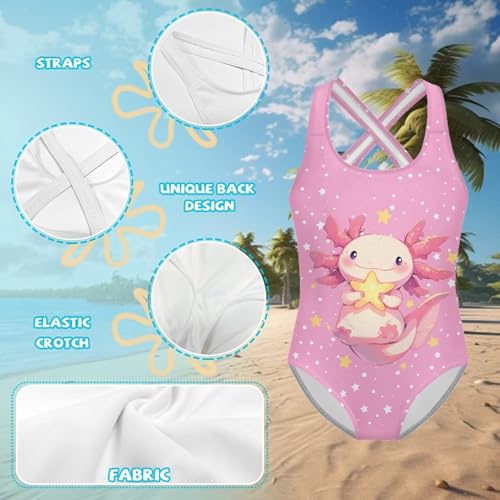 Girls Cute Axolotl Swimsuit with Cross Back Strap One Piece Swimwear for Beach Pool Fun Aged 5-14 Kids Bathing Suit3