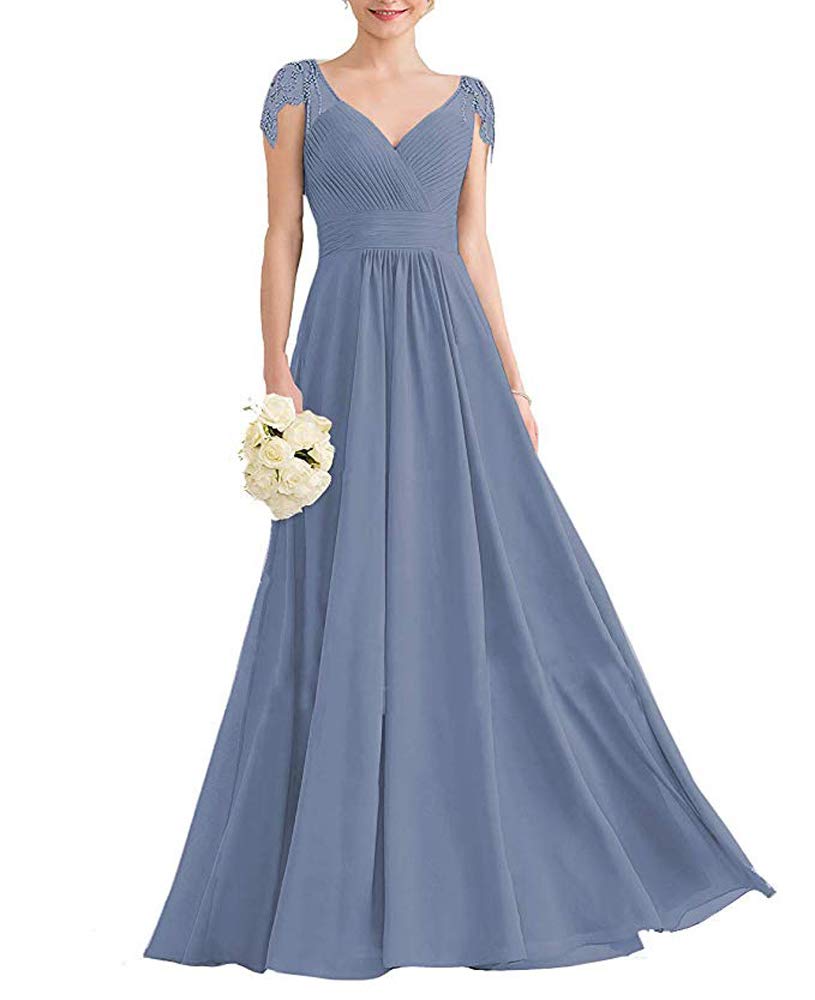Cap-Sleeves Chiffon Prom Bridesmaid Dress V-Neck A-Line Maxi Beaded Evening Party Gowns