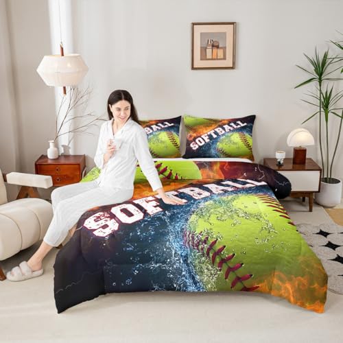 Castle Fairy 3D Softball Comforter Twin Size,Ice and Fire Bedding Sets for Boys Girls Bedroom Decor, Boys Gamer Quilt 2 Pcs,Ball Sports Gaming Duvet Insert with 1 Pillowcase
