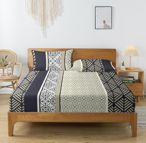 Image of NEW LEAF Cotton Fitted King Bedsheets with 2 Pillow Covers | Elastic Fitted | Wrinklefree | Ultrasoft |Winter Bedsheet 200 to 220 tc Floral | 78x72+8 Inches, Floral Black Off White