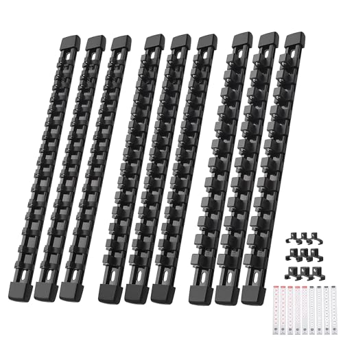 Image of Reniteco 9-Pack Socket Organizer Set, 1 /4 inch x 48 3 /8 inch x 45 1 /2 inch x 36 Clips | 129 Clip Capacity, Havy-Duty ABS Socket Rails, Removable Clips, Drive Socket Storage, Toolbox Drawer or Wall Mount