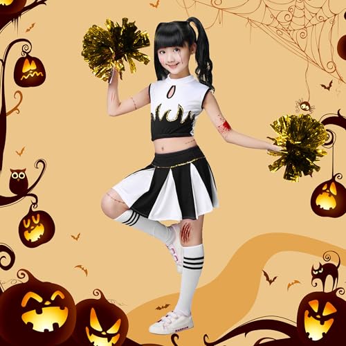 LOLANTA Girls Cheerleader Costume Cheerleading Children Dress Outfit Uniform with PomPoms(Black, 5-6 years, Tag Size 120) - Image 2