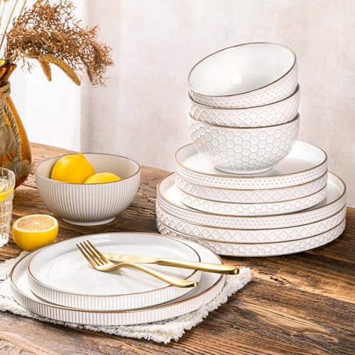 Image of GBHOME Stoneware Dinnerware Sets Service for 4, 12 Piece Embossed Plates and Bowls Set, Elegant Ceramic Dish Set, Chip Resistant, Microwave & Dishwasher Safe, Off white(stackable)