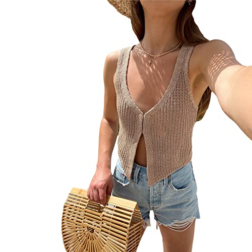 Women Crochet Knit Vest Top Sleeveless Button Down V Neck Casual Solid Vintage Summer Going Out Crop Tops Streetwear3