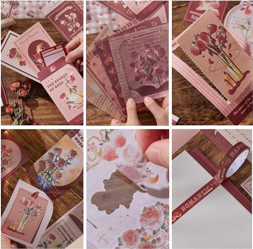 Image of VOTDOT Paper Junk Journal & Scrapbook Kit, Scrapbooking Supplies Kit with Creative Decor Journaling Supplies, Stationery, Stickers, A6 Grid Notebook with Graph Ruled Page Gift for Girl (Rose Scrapbook)