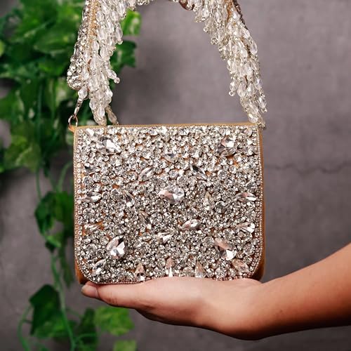 Image of THE TAN CLAN Kavya Beige Flap Over Bag Clutch Purses Luxury Evening Handbags with Handle