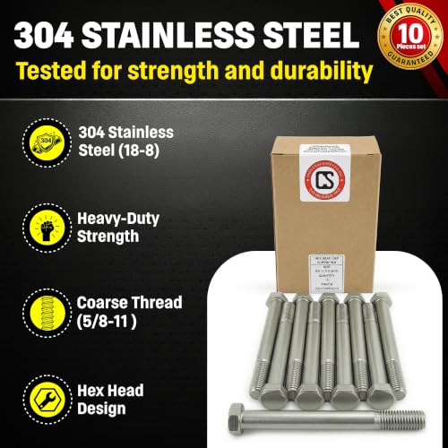 Image of Chenango Supply 5 /8-11 x 6 Stainless Steel Hex Head Bolts | 304 Stainless, USS Coarse Thread, 100,000-125,000 PSI Tensile Strength, Corrosion-Resistant Hardware Bolts, (10 Pieces)