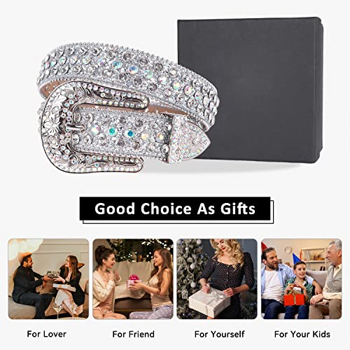 Tinidi Luxury Strap Men Women Rhinestone Belt Western Sparkle Bling Studded Diamond Leather Belts (01 Silver, Fit Waist 30-32 Inches) #TOP4