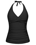 Women’s Tankini Top Halter Tummy Control Swim Tops Only Twist Front V Neck Bathing Suit No Bottom