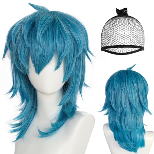 JoneTing 45CM/17inches Blue Spiky Wig with Bangs Medium Length Blue Wavy Wigs Women Bluish Spiky Cosplay Hair Peluca Halloween Theme Party Outfits+ Hair Cap