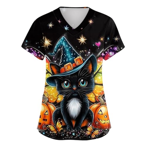 OIOLOYJM Halloween Christmas Scrub Tops Women Print V Neck Short Sleeve Plus Size Scrubs for Womens Shirts with Pockets