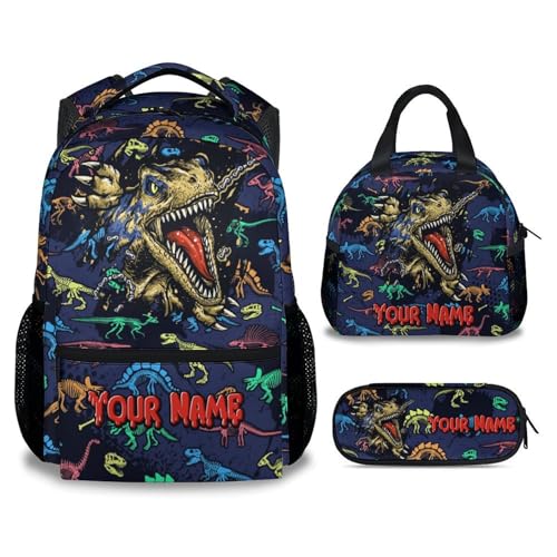 Boys Backpack with Lunch Box - Personalized 3 in 1 Cool Dinosaurs Bookbag for School, Travel - 17 Inch Custom School Bag Set for Kids