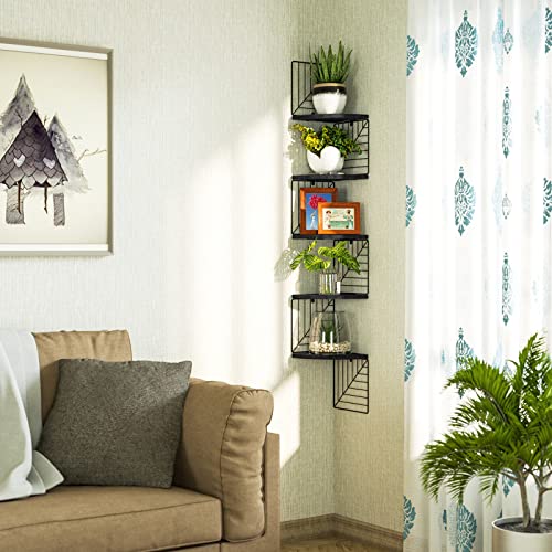 Love-Kankei Corner Shelf Wall Mount Of 5 Tier Rustic Wood Floating Shelves Wall Shelves For Bedroom Living Room Bathroom Kitchen Office And More Black thumb #4