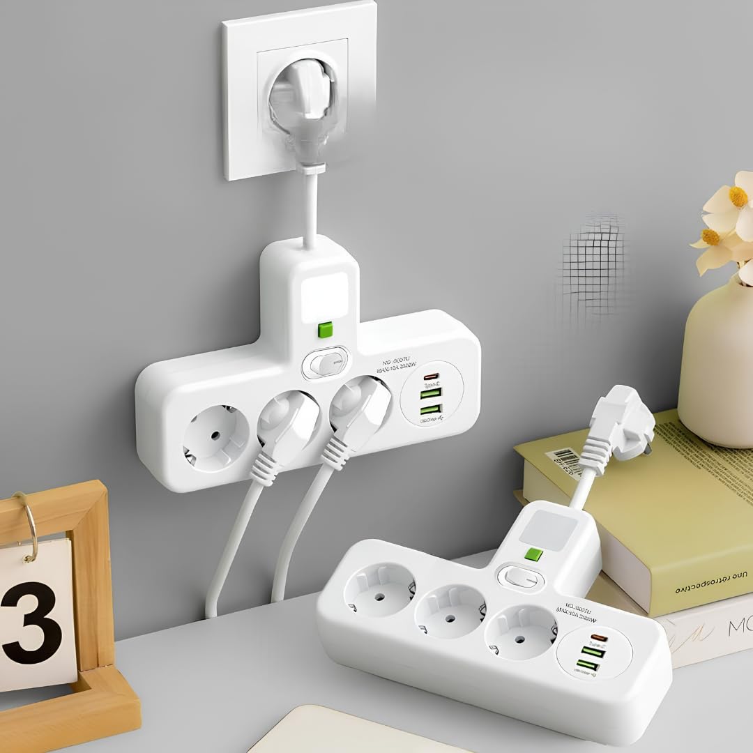 Jouis Akım Korumalı Priz Çoklayıcı Gece Lambalı - 2500W Grup Uzatma Prizi, 3 EU Priz Girişi ve 2 Akıllı USB ve 1 Type-C Portu, Seramik Korumalı Masaüstü Şarj İstasyonu