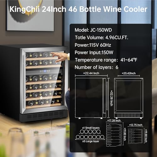 Image of KingChii 24 Inch 46 Bottle Dual Zone Wine Cooler Refrigerator Professional Compressor, Stainless Steel & Tempered Glass For Red Wine, Champagne - Built-in or Freestanding for Home, Kitchen, or Office