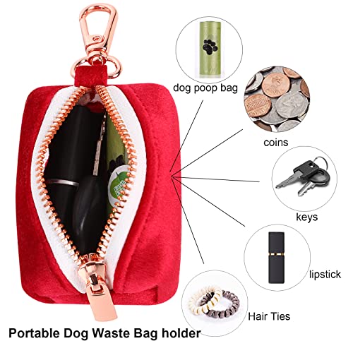 Image of ARING PET Dog Waste Bag Dispenser, Soft Doggy Poop Bags Holders Attach to Any Leashes, Velvet Portable Washable Red Pet Waste Pouch Dispenser with Metal Zipper