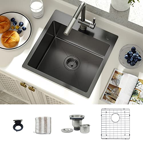 TORVA Fregadero de cocina de 45,7 x 45,7 cm, color negro brillante, revestimiento de cerámica de acero inoxidable de calibre 16 con cuenco individual NanoTek de montaje superior, barra de 9 pulgadas