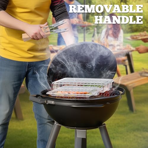 ivtivfu Fischgrillkorb-Set, Abnehmbarer Holzgriff, Edelstahl 304, Outdoor Küche Grill Zubehör für Gemüse Garnelen, Garten Camping Gasgrill, Geschenke Geburtstagsgeschenk für Männer Ehemann Papa 5