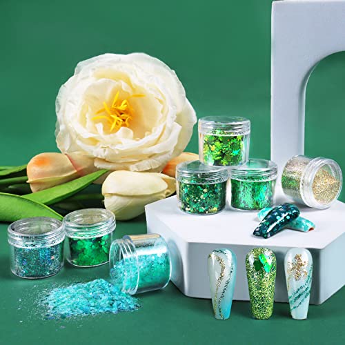 Laza St. Patrick's Day Nail Art Glitters 12 Colors Holographic Green Gold Fine Powder Chunky Clover Hexagon Sequins Confetti Nail Flakes For Nail Supplies Festival Craft Decoration - Verdant #TOP6