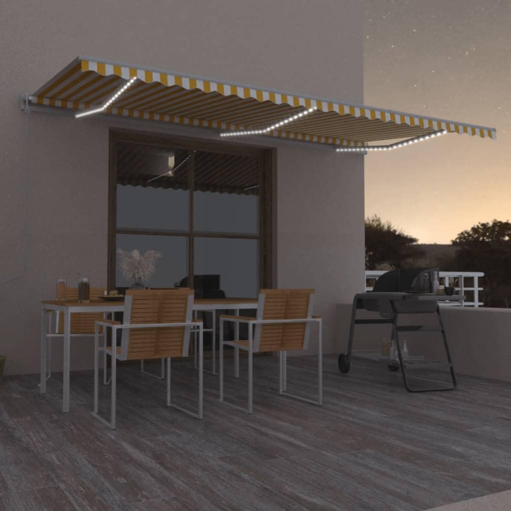 Toldo automático con iluminación LED y sensor de viento, 600 x 300 cm, color amarillo/blanco, resistente a los rayos UV y al agua, marco de aluminio, para terraza y balcón