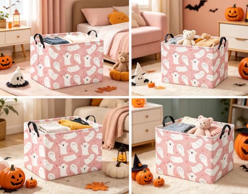 Image of Halloween Basket Cute Baskets for Kids Pumpkin Basket Rectangular Storage Bin Organizer Box Room Decor(Pink Singing Ghost)