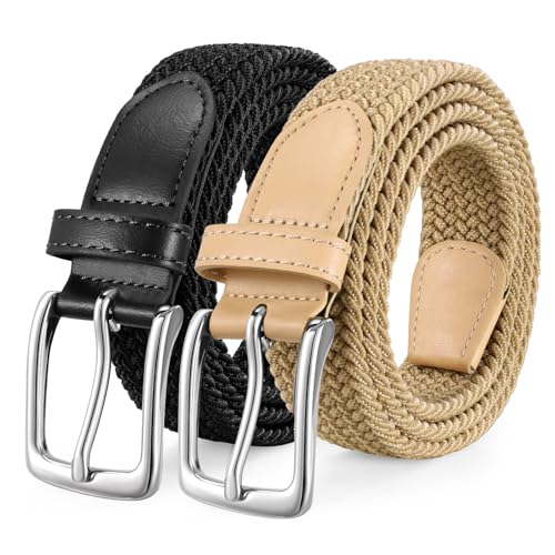 Image of LEACOOLKEY 2 Pack Braided Elastic Belts Casual Stretch Canvas Woven Belts for Jeans Pants，1.18" Wide with Silver Buckle,black+beige,Fit waist size 43"-45"