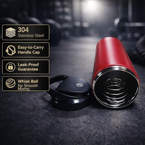 Image of Stainless Steel Protein Shaker Bottle, 100% Leakproof Metal Gym Shaker, Durable Steel Gym Sipper Bottle for Smooth Protein Mixing with Measurement 700 ml (Red)