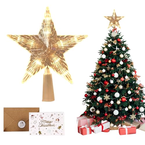 Estrella Arbol De Navidad con 10 LED con Tarjeta de Felicitación Punta del Decoracion Arbol Navidad LED Topper Luces Interior Funciona con Pilas para la Decoración de Fiestas, 15cm