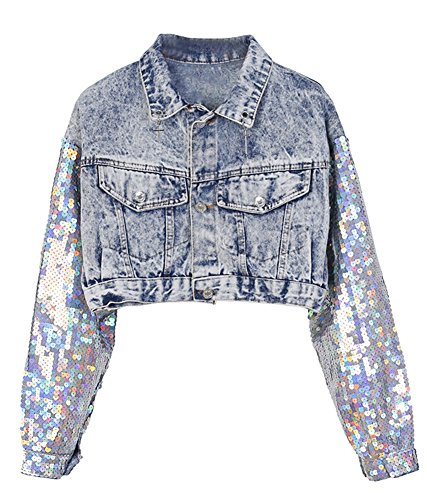 LifeShe Women Punk Sequins Sleeve Denim Jean Jacket Coat Cropped Tops (Blue, Medium)