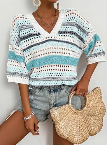 Image of Acelitt Crochet Tops for Women Summer Short Sleeve Sweater
