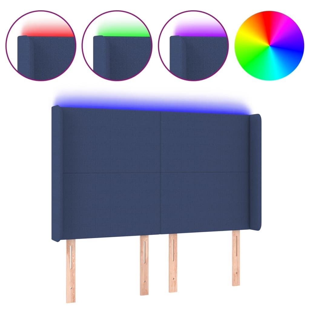 Cabecero de cama LED azul, 147 x 16 x 118/128 cm, altura regulable, acogedora almohadilla de pared con tira LED multicolor, diseño moderno para dormitorios y habitaciones juveniles