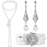 3 Pcs 1920s Pearl Jewelry Set for Woman Pearl Necklace and Earring Set Including Vintage Flapper Earrings Multilayer Pearl Necklace Bracelet Pearl Set Flapper Accessories for Women Bride Gift