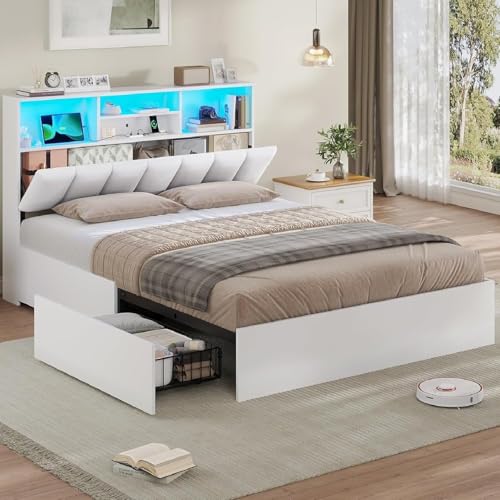 AOGLLATI Cama 140x200 cm, Camas Matrimoniales con Estación de Carga e Iluminación LED, Estructura Cama Matrimonio con 4 Cajones y Cabecero Acolchado, Amplio Espacio de Almacenamiento, Blanco