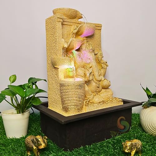 Image of Decorative Ganesha Table Top Water Fountain for Home Decor /Office /Indoor & Outdoor /Garden /Puja Room /Vaastu with Multicolor LED Light and Adjustable Water Pump (Yellow D-11)