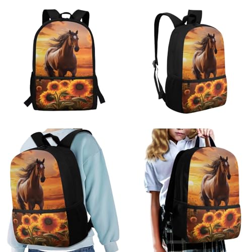 Kids Horse Backpacks for Girls with Lunch Box Ages 6-8 Animal Backpack and Lunch Bag and Water Bottle Holder Pencil Case Primary School Student Bookbag/Lunchbox Set, 4 Piece, Sunflower2