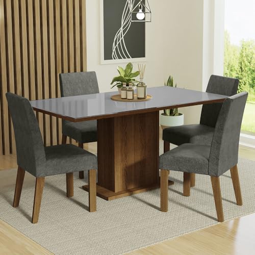 Image of Madesa 4 Seater Dining Set Rectangular Glass Table Top Sturdy Wooden with Fully Cushioned Seats 160 Cm for Dining Room and Kitchen - Brown /Gray