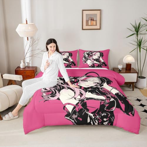 Image of Erosebridal Pink Anime Girls Bedding Cartoon Japanes-Style Comforter Set Queen, Graffiti Street Culture Bed Comforter Set for Kids Teens Youth Watercolor Hippie Style Duvet Set 3Pcs