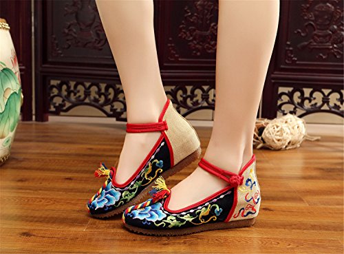 Qhome Women's Floral Embroidery Ethnic Style Strappy Comfortable Casual Walking Canvas Mary Jane Flat Shoes4