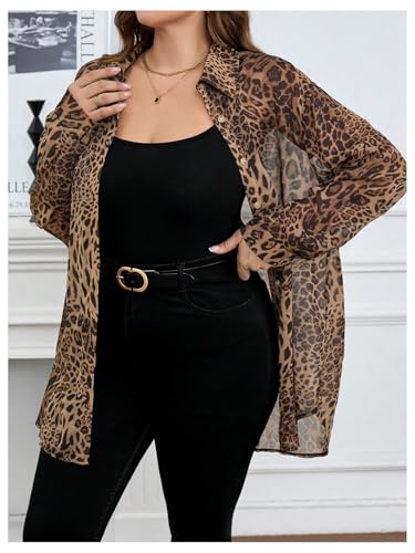 WDIRARA Women's Plus Size Leopard Print Sheer Blouse Button Front Long Sleeve Shirt4