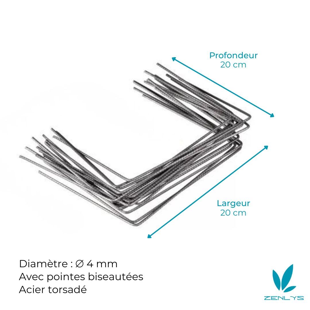 Lot de 200 Agrafes de fixation Métal pour toile de paillage ou geotextile avec pointes biseautées 20cmX20cmX20cm