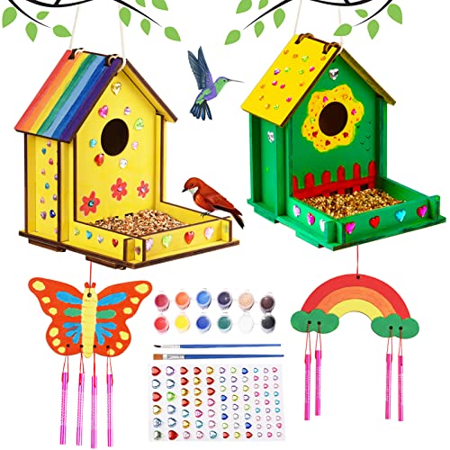 Image of Crafts for Kids Ages 8-12 -Make Your Own Bird Feeder Wind Chime Kit with Diamond Stickers - 2 Pack Unfinished Wood DIY Kids STEM Painting Activities Crafts Outdoor Toys for Boys Girls Ages 6-8 3-5