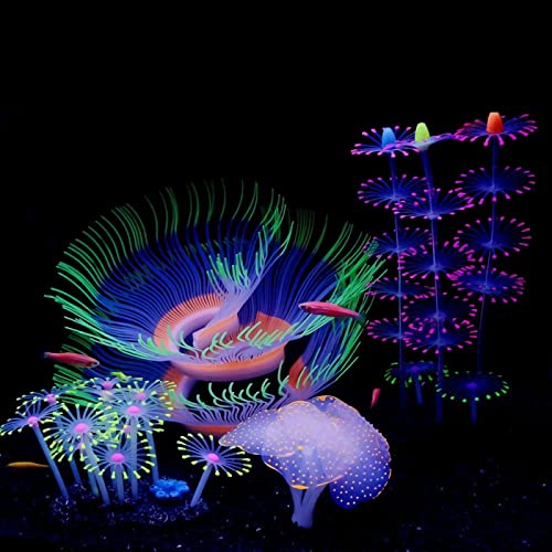 JIN Glowing Aquarium Decorations 4(PCS) Fish Tank Decorations Accessories Glowing Silicone Plants Green 9.5 oz