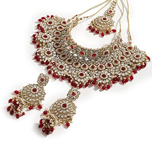 SOHI Gold Plated Red Necklace Set For Women And Girls, Necklace With Earrings And Maangtika, Bead Detailing Statement Jewellery, Stones Necklace For Women |2207 Deal