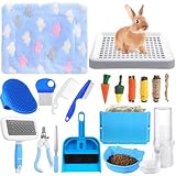 LOYIM 19 Pcs Rabbit Starter Kit Small Bunny Litter Box Animal Grooming Kit Water Bottle Bunny Toys Hay Feeder Bowl Blankets with Cleaning Set for Guinea Pig Rabbit Accessories