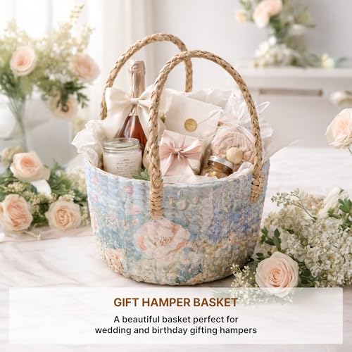 Image of Habere India-All the Cultures Fabricating India Gift Hamper Baskets | Cane Round Hamper | Fruit Baskets | Organiser Basket | Baby Basket for Clothes (Design19: L22 x W22 x H15 cm)