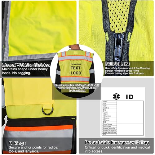 Image of A-SAFETY High Vis Reflective Safety Vest for Men Women Zipper Ipad Pockets Mesh Construction Apparel Neon Vest for Work