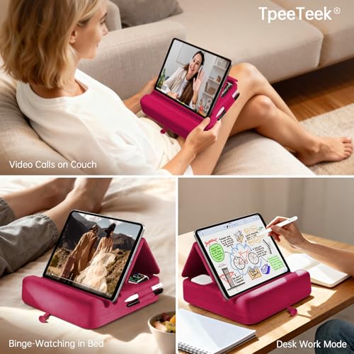 Image of Tablet Pillow Stand with Storage, Foldable iPad Holder for Lep, Bed, Sofa, and Desk - Soft Pad Dock with Pocket and Stylus Mount Compatible with 4-13 inch iPad Pro /Air /Mini, Galaxy Tab, Kindle (Red)