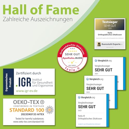 feela.® Orthopädisches Sitzkissen [3 Härtegrade] - Ergonomisches Sitzkissen für Bürostuhl & Co - Wirkt Schmerzreduzierend, Erhöht Sitzkomfort, Fördert Durchblutung und Entlastet das Steißbein (Hart)