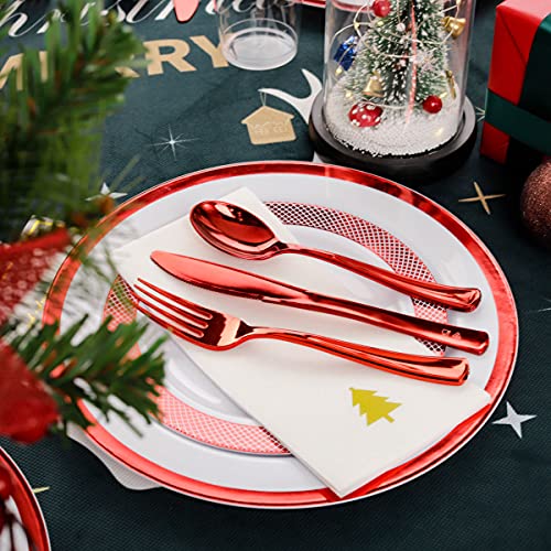 Ciaell 175Pcs Red Plastic Plates - White And Red Plastic Plates Include 25Dinner Plates, 25Dessert Plates, 25Knives, 25Forks, 25Spoons, 25Cups, 25 Napkins Perfect For Christmas #TOP3