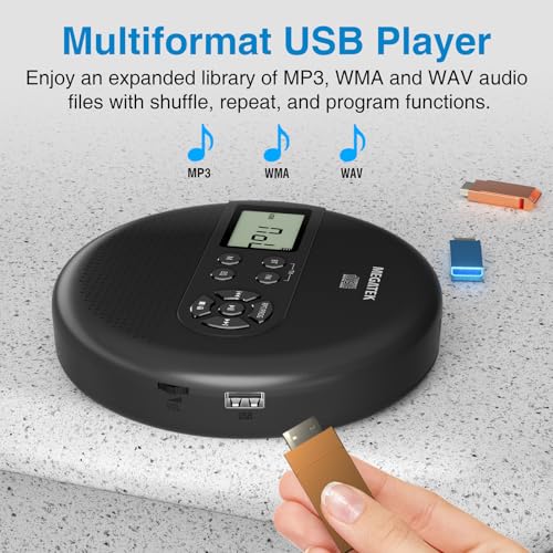 Image of MEGATEK CP27BR Portable CD Player Bluetooth for Car with FM Transmitter, USB, AUX, LCD Display, Anti-Skip, Stereo Speakers, Headphones & Rechargeable Battery - Black